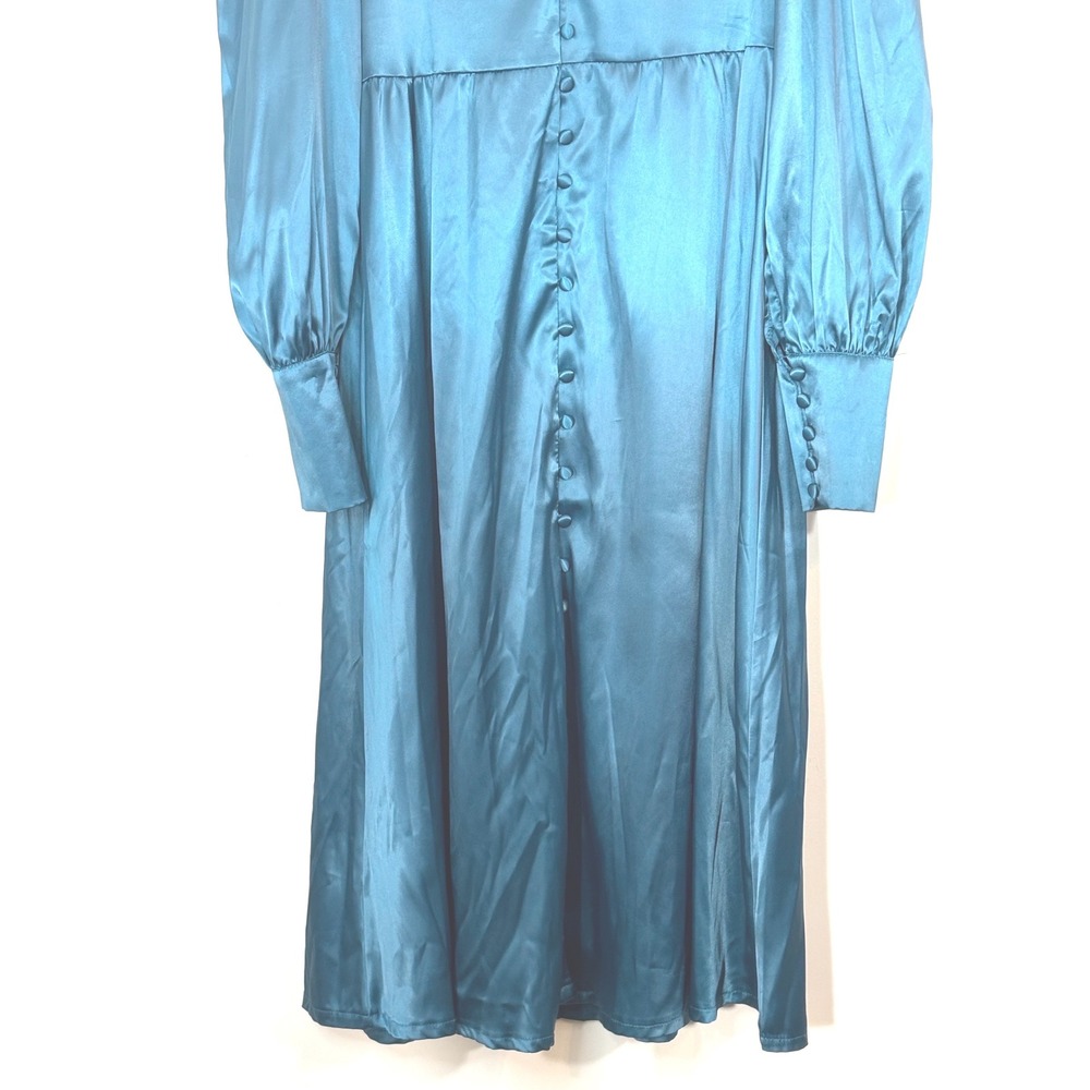 Colon Diana Teal Satin Bishop Sleeve Button Front Midi Dress Womens - Picture 12 of 16